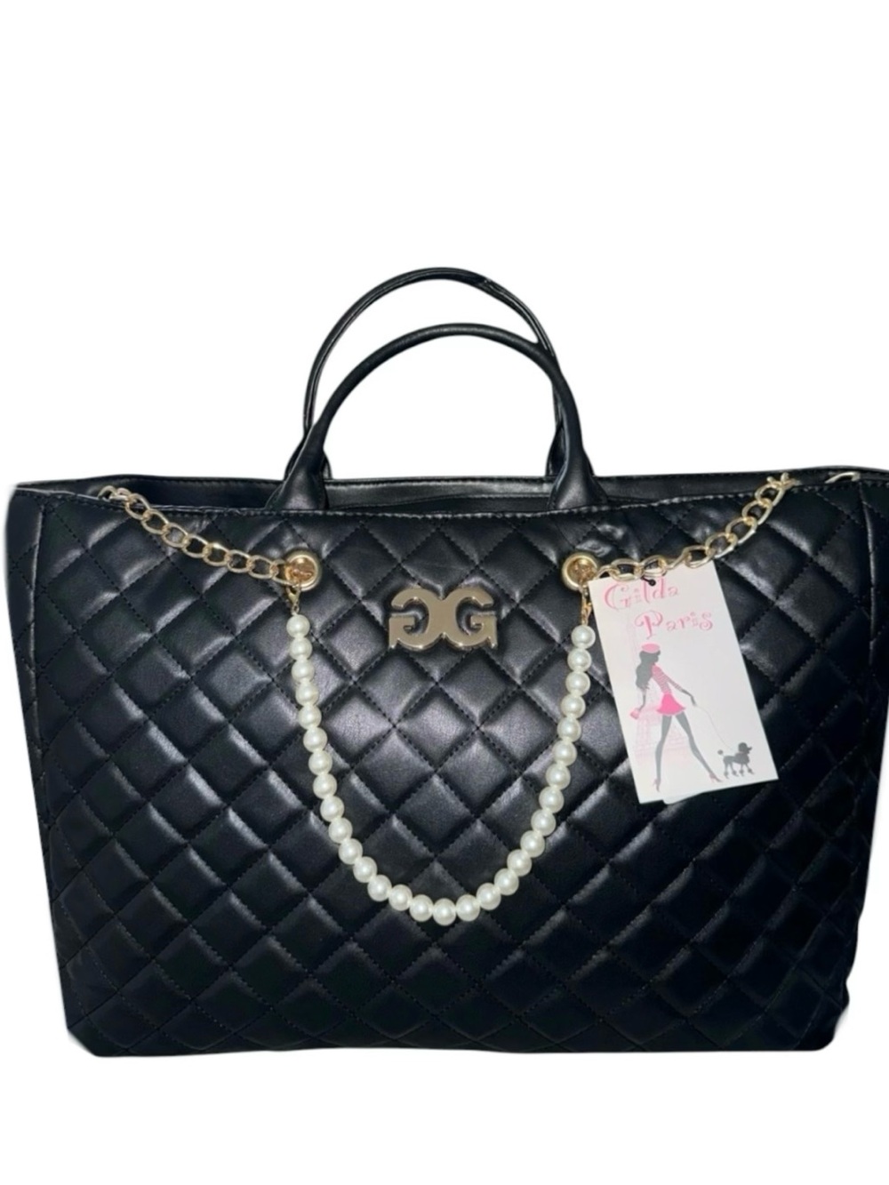 GILDA PARIS XL Quilted Tote with Gold Chain Accents in Black